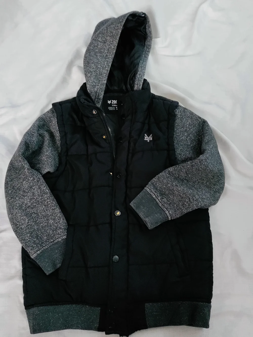 Zoo York Black Puffer Jacket with Gray Hood & Sleeves